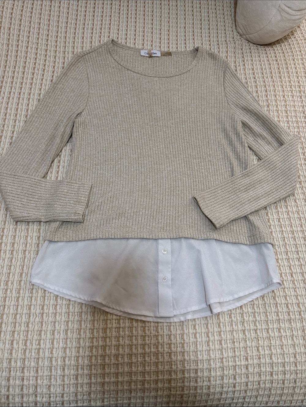 Calvin Klein Beige Ribbed Sweater with White Shirt Hem